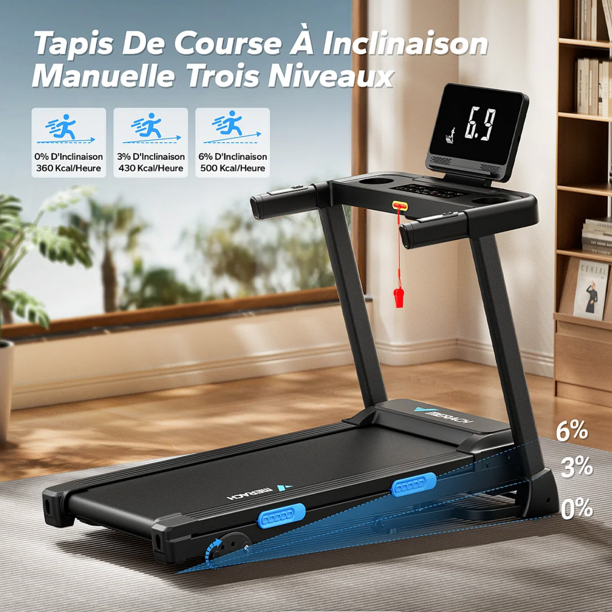 Tapis de Course Pliable Connecté avec 3 niveaux d’inclinaison, Vitesse Réglable de 0,8 à 12 km/h, Écran LED