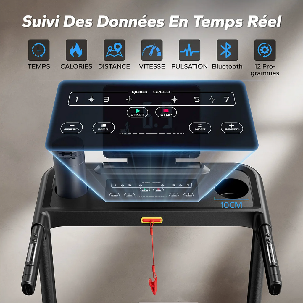 Tapis de Course avec 3 niveaux d’inclinaison Pliable Connecté, Vitesse Réglable de 0,8 à 12 km/h, Écran LED
