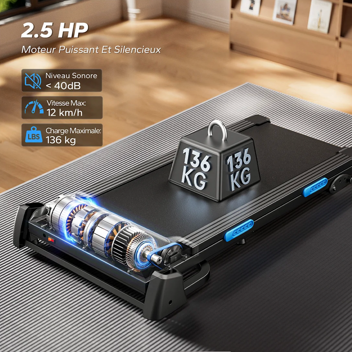 Tapis de Course Pliable Connecté avec 3 niveaux d’inclinaison, Vitesse Réglable de 0,8 à 12 km/h, Écran LED