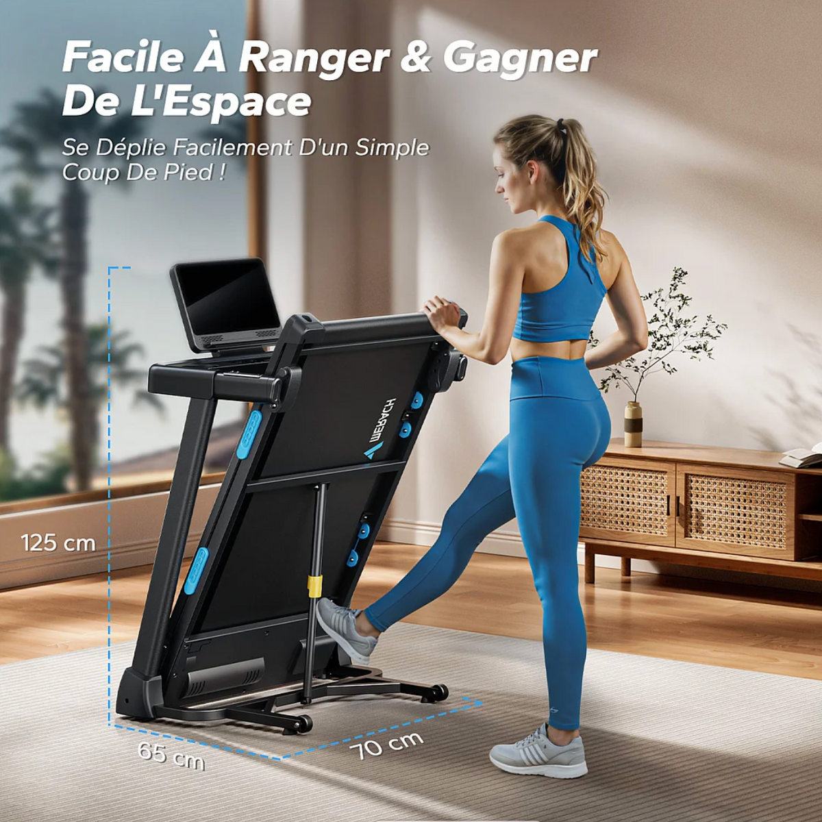 Tapis de Course avec 3 niveaux d’inclinaison Pliable Connecté, Vitesse Réglable de 0,8 à 12 km/h, Écran LED
