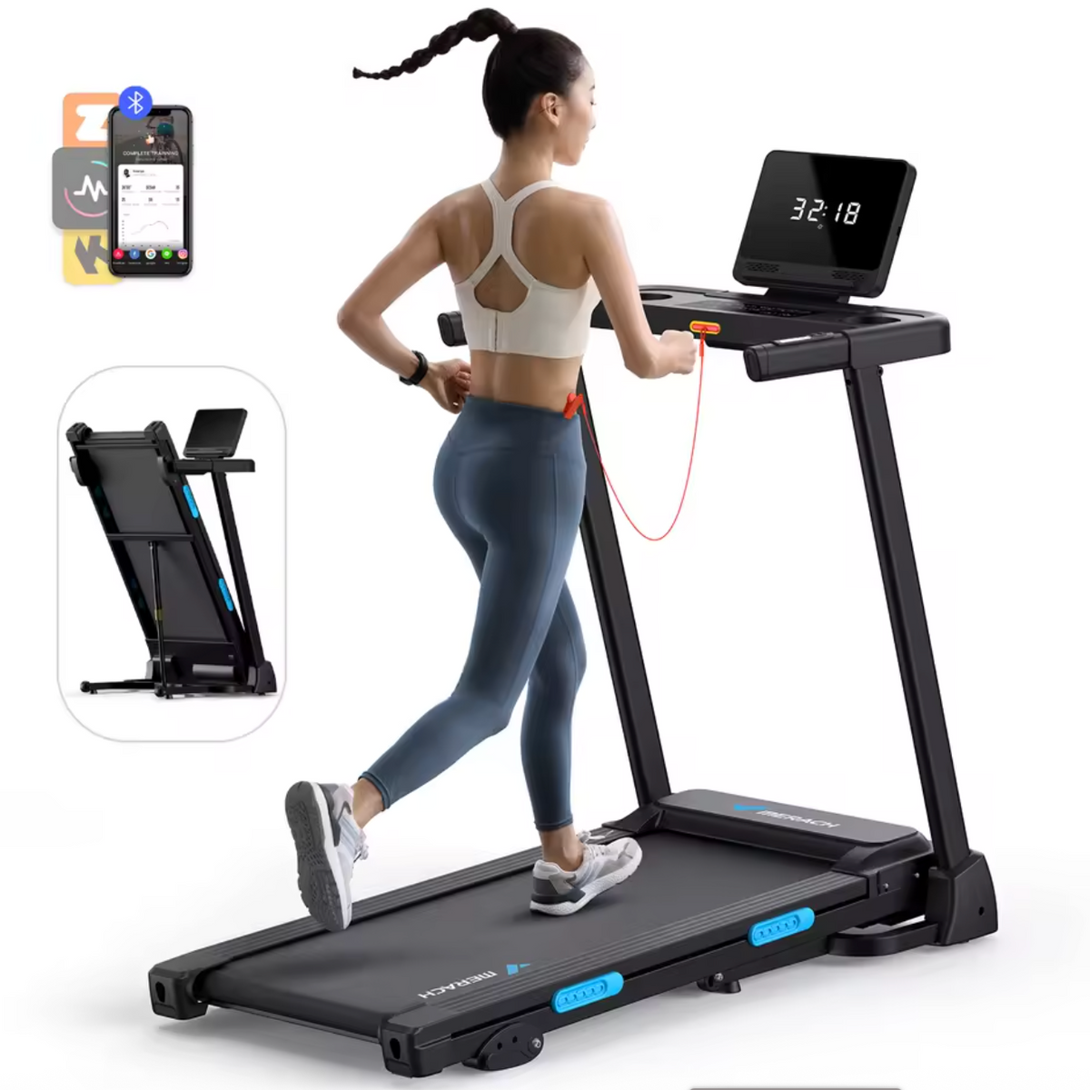 Tapis de Course avec 3 niveaux d’inclinaison Pliable Connecté, Vitesse Réglable de 0,8 à 12 km/h, Écran LED